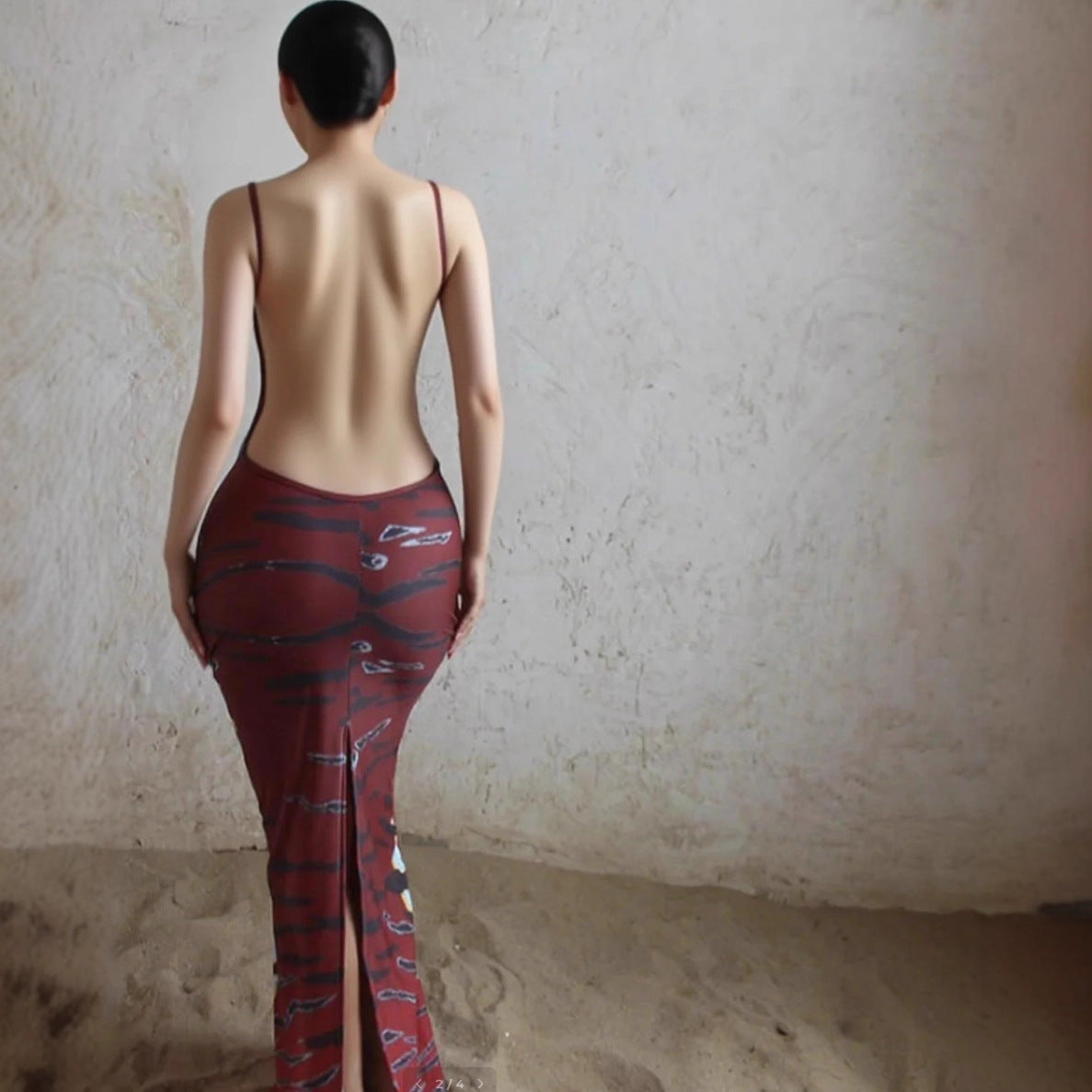 Bodycon Dress With A Unique Print And A Backless Design.