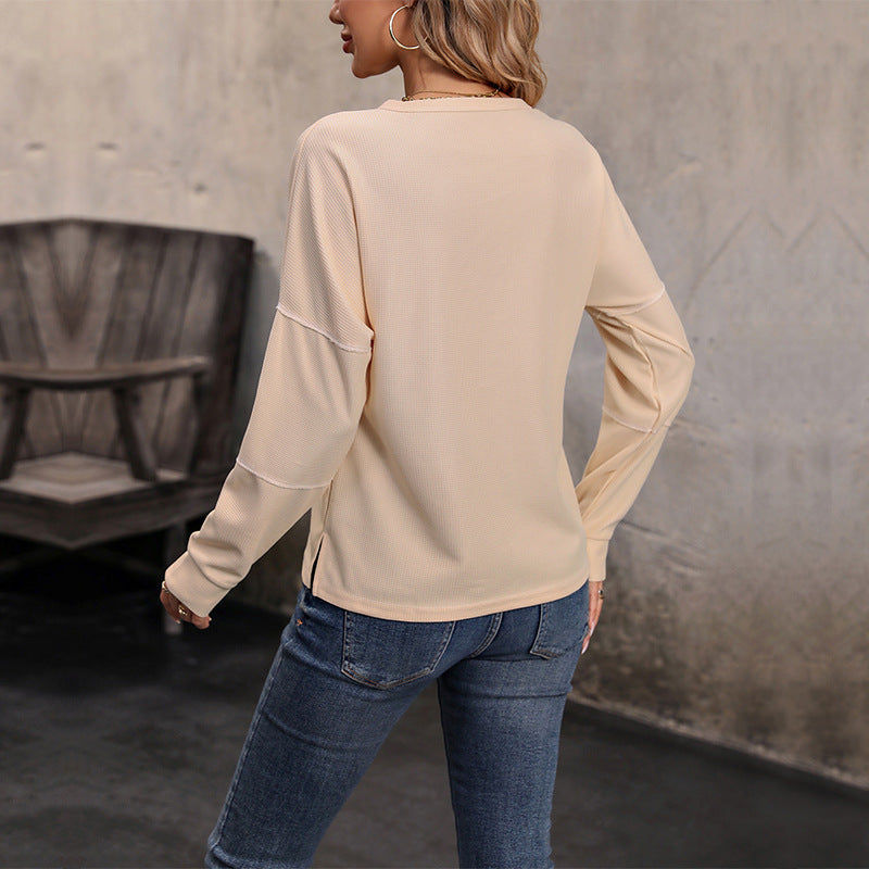 New Womens Long-sleeve Solid-color Waffle-knit Top