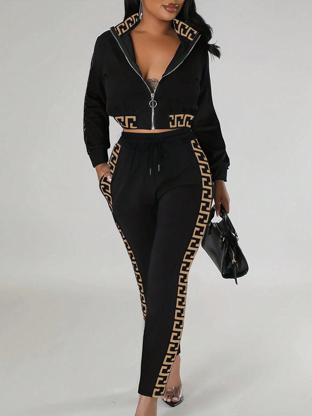 Crop-top Zip-up Top Paired With Meander-pattern Patchwork Pants A Two-piece Set