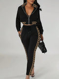 Crop-top Zip-up Top Paired With Meander-pattern Patchwork Pants A Two-piece Set