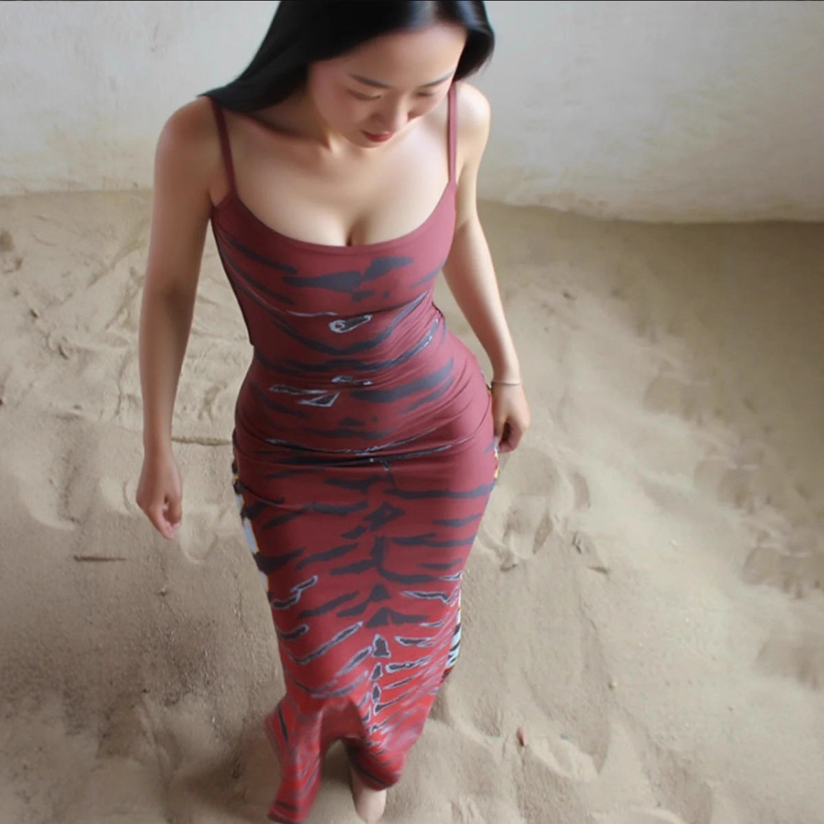 Bodycon Dress With A Unique Print And A Backless Design.