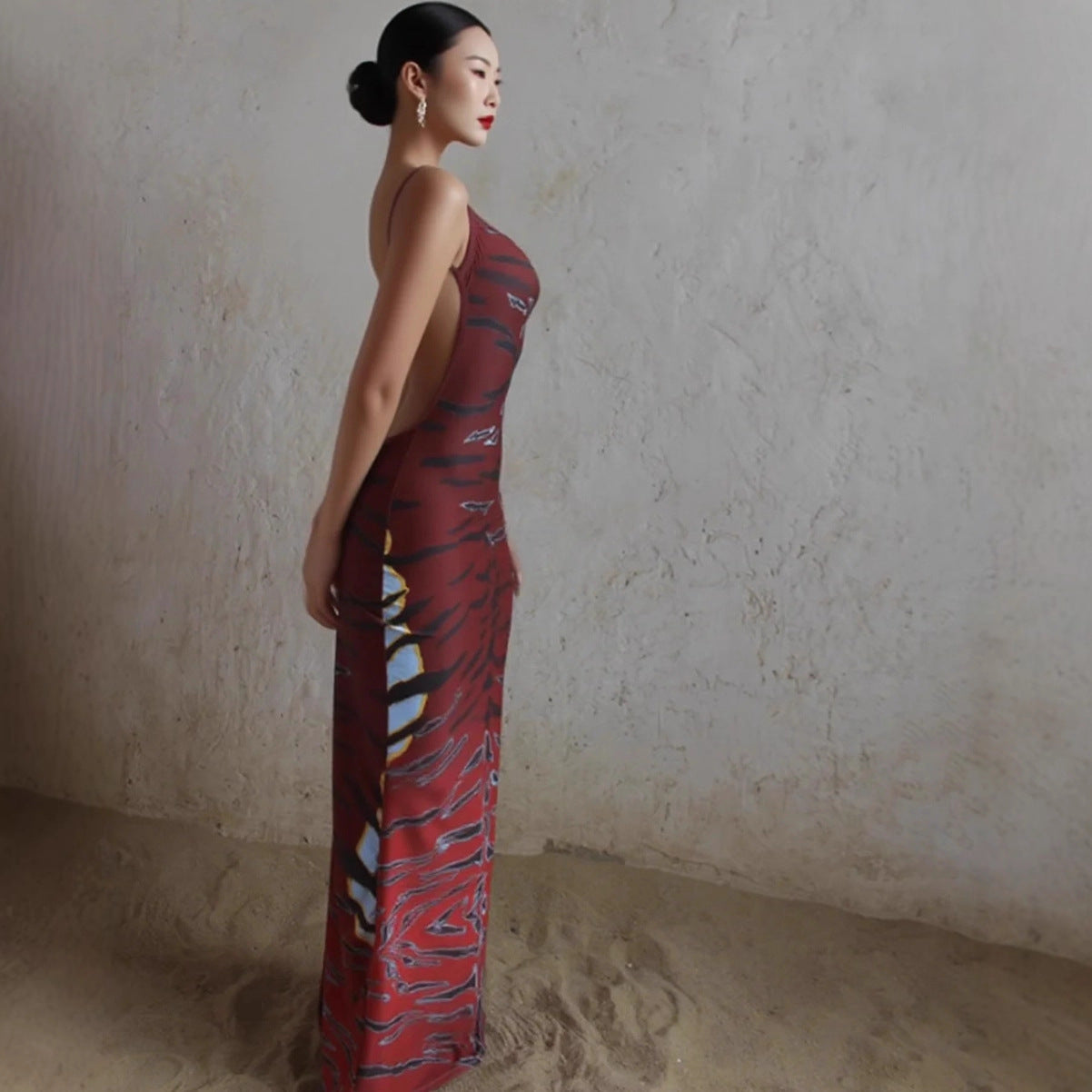 Bodycon Dress With A Unique Print And A Backless Design.