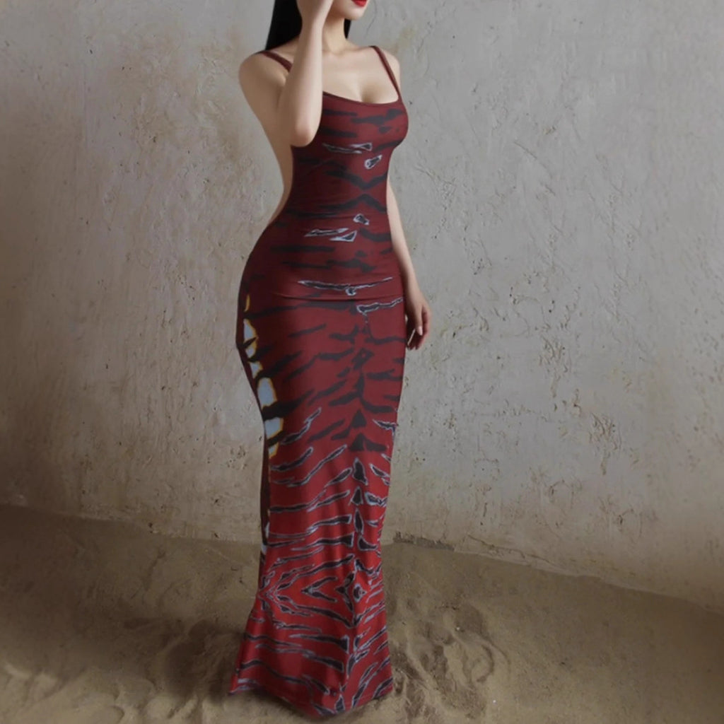 Bodycon Dress With A Unique Print And A Backless Design.