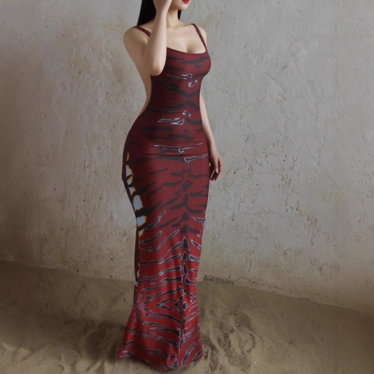 Bodycon Dress With A Unique Print And A Backless Design.