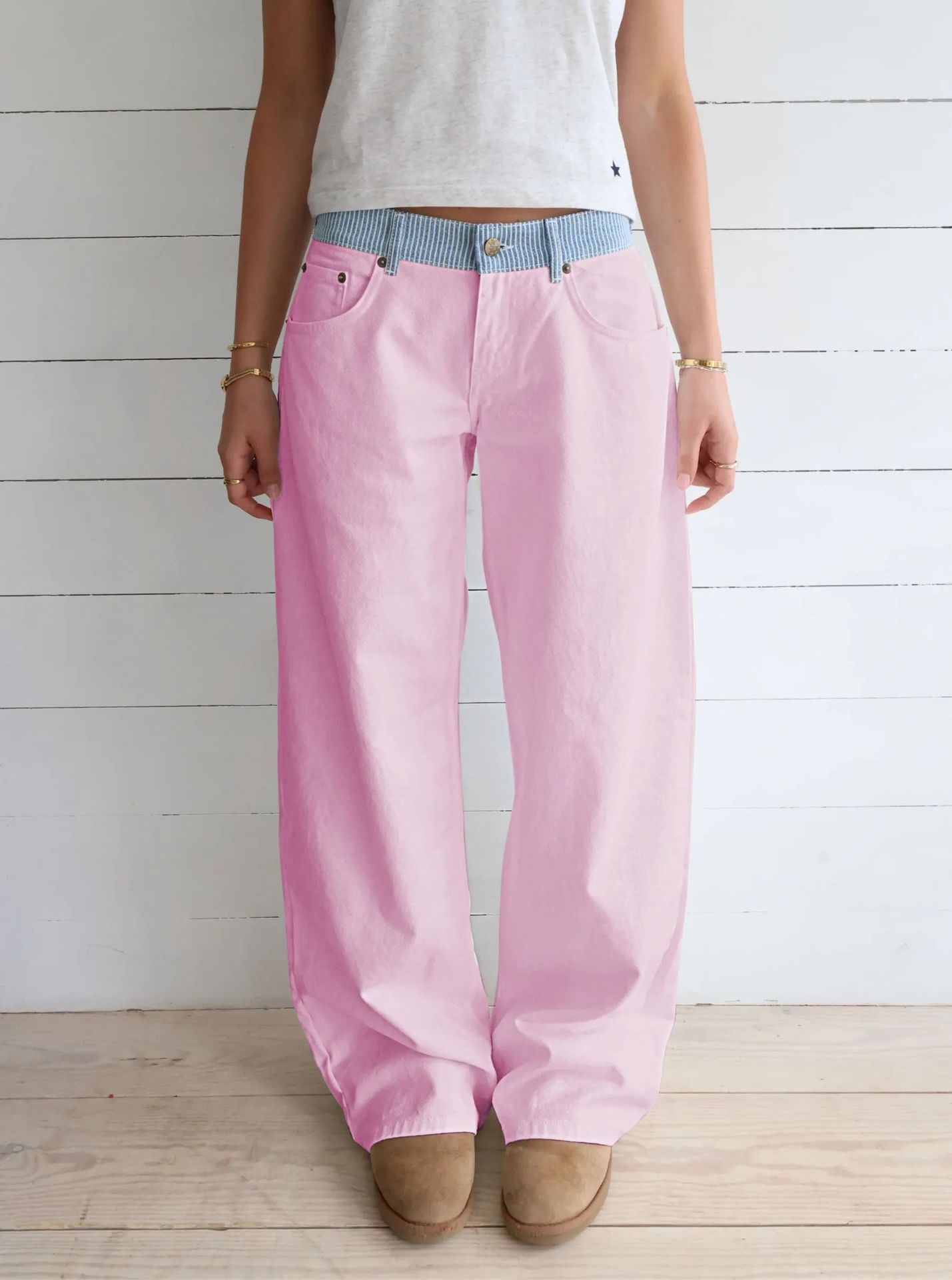 Contrast Color Letter Ribbon Decorative Straight Stitching Jeans