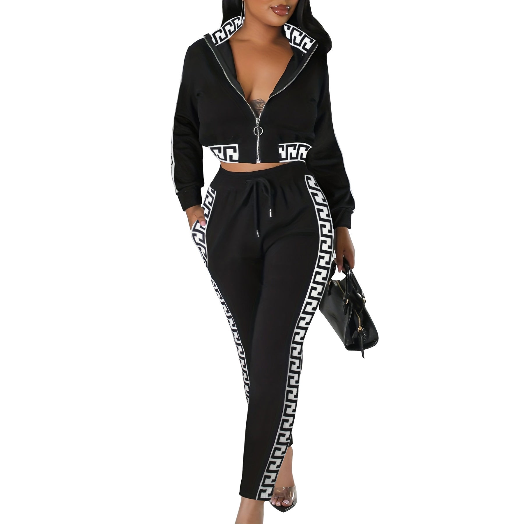 Crop-top Zip-up Top Paired With Meander-pattern Patchwork Pants A Two-piece Set