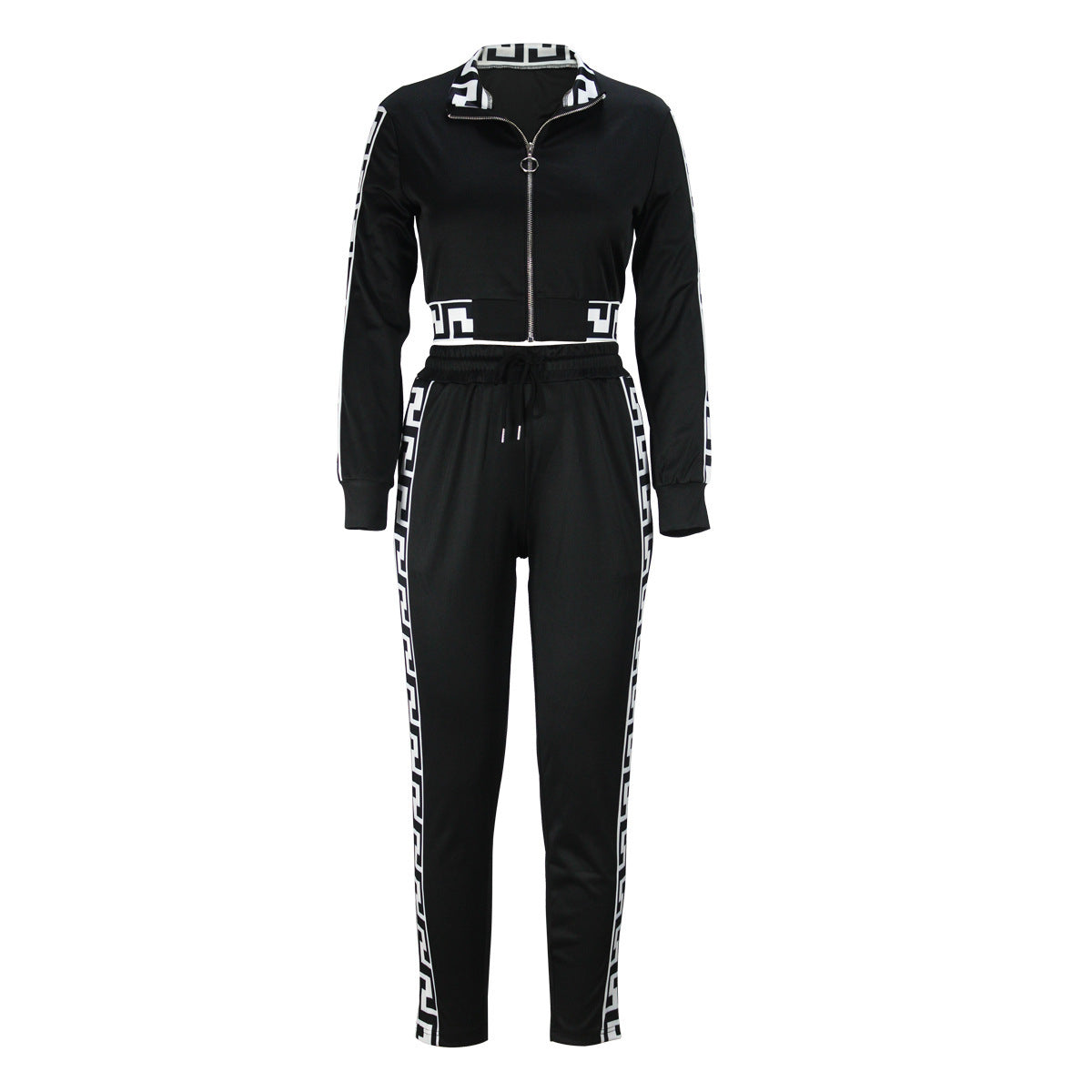 Crop-top Zip-up Top Paired With Meander-pattern Patchwork Pants A Two-piece Set