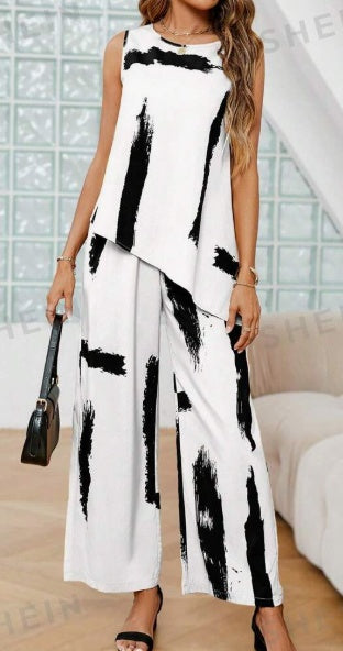 Printed Round Neck Sleeveless Top And Long Pants Set